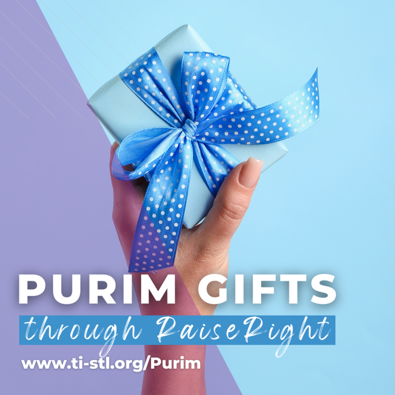 TEXT: Purim - RaiseRight IMAGE:Small wrapped gift in light blue with blue polka dot bow