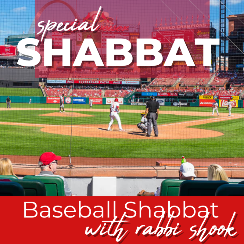 TEXT: Special Shabbat Baseball Shabbat with Rabbi Shook IMAGE: Cardinals game at Busch Stadium