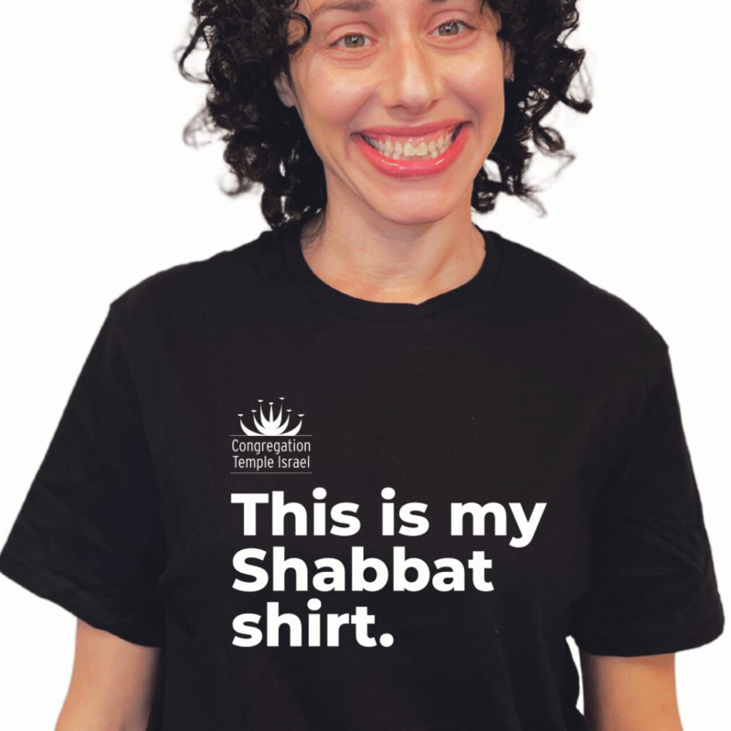 Rabbi Amy wearing THIS IS MY SHABBAT SHIRT tshirt