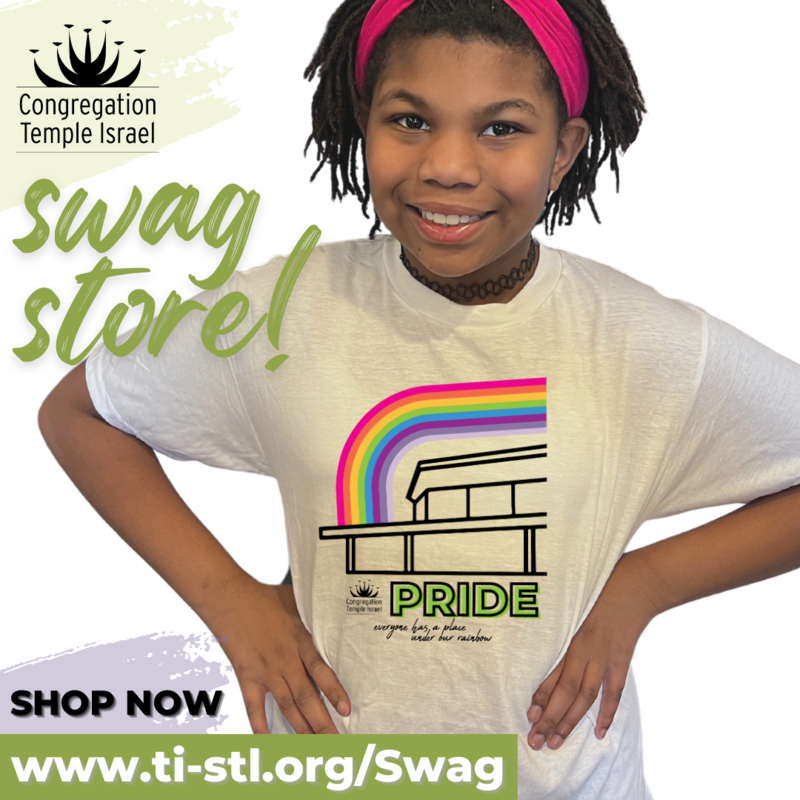 TEXT: Temple Israel Swag Store IMAGE: Child in TI Pride shirt with neon rainbow above TI building graphic