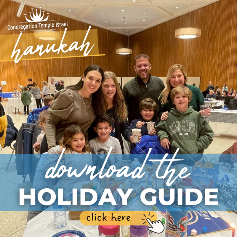 TEXT: Hanukah - download the holiday guide IMAGE: smiling family around a hanukah table in the isserman auditorium