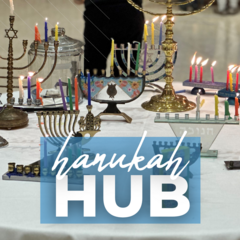 TEXT: Hanukah Hub IMAGE: Many hanukkiah burning at our Hanukah Celebration