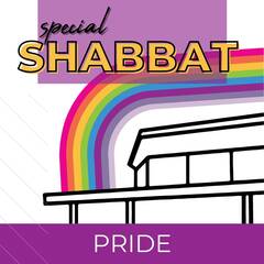 TEXT: Special Shabbat Pride IMAGE: Neon rainbow over graphic of TI building